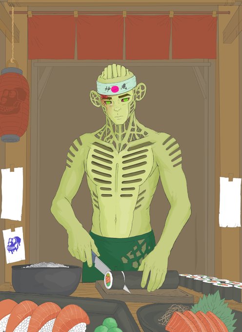 A yellow skeletal humanoid wearing a Korean flag headband prepares sushi at a Japanese-style food stall, with a Daruma doll and noren curtain visible in the background.