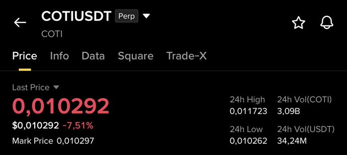 The image shows a cryptocurrency trading interface displaying COTI/USDT perpetual contract data with a last price of $0.010292, down 7.51% in 24 hours, and a 24h trading volume of 34.24M USDT. This relates to the post's discussion of COTI's price movement, illustrating the significant decline referenced in the "Sell entry" call as the trader advises taking partial profits with a stop loss while holding for a $0.08050 target.