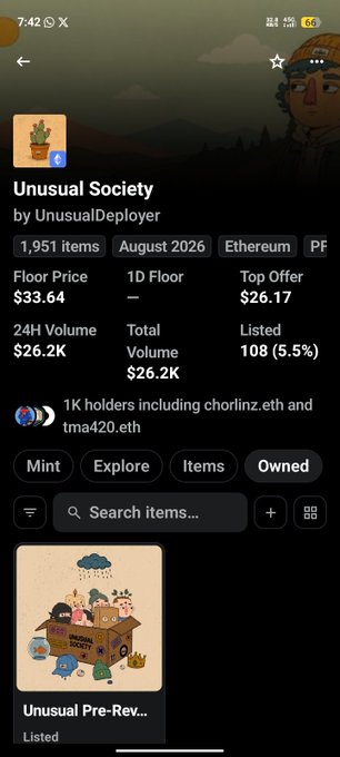 A mobile app screenshot showing an NFT marketplace listing for 'Unusual Society' by UnusualDeployer on Ethereum, displaying 1,951 items, a floor price of $33.64, and a top offer of $26.11.
