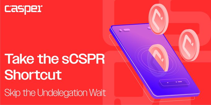 The image shows a cell phone with three coins attached to its screen, which are floating in the air. The text above the phone reads "Caspei" and "Take the SCSR Shortcut", indicating that the user should take advantage of this feature for quick access to their undelegation window. The caption below the phone explains how to bypass the undelegation process by using liquid staking, which allows users to exit their stake position without waiting through the undelegation flow.