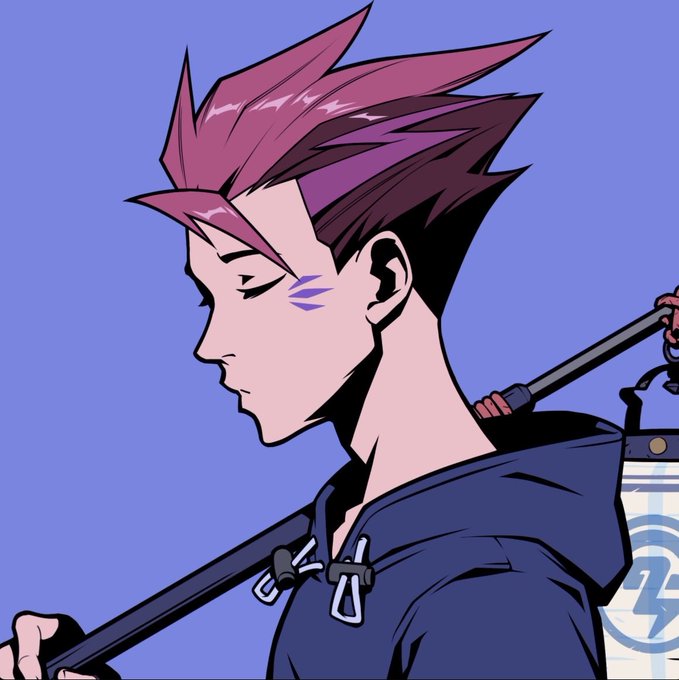 A side-profile illustration of an Azuki Elemental NFT character with spiky purple/magenta hair, a purple face mark, and a dark hoodie, carrying a staff over the shoulder against a blue background, with the number "14" visible on a lantern tag—referencing one of the rare hairstyle variants in the Azuki Elemental collection as noted in the post.