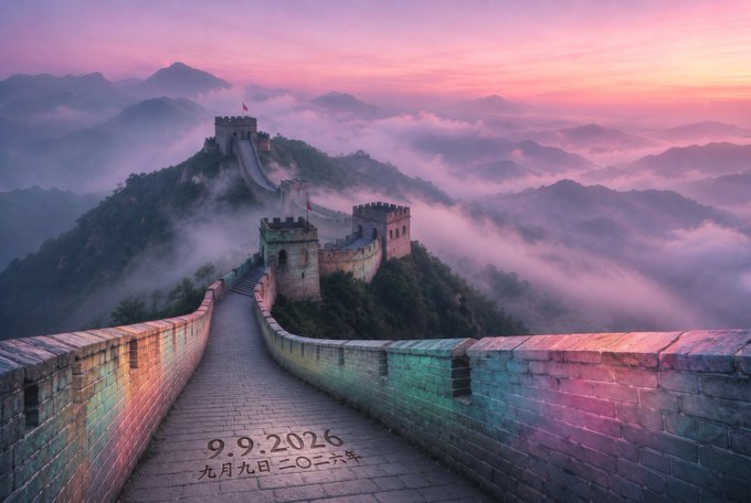 A misty, dreamlike view of the Great Wall of China at sunrise, with stone watchtowers winding into purple-hued mountains, evokes ancient prophecy and timeless destiny. The date "9.9.2026" (九月九日二〇二六) is etched into the path's stonework, symbolically marking a future threshold of abundance and success.