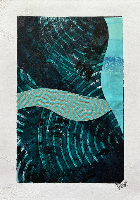 An abstract artwork with swirling teal and black patterns overlaid with a golden brain-like maze texture, signed 'Dezi' in the bottom right corner.