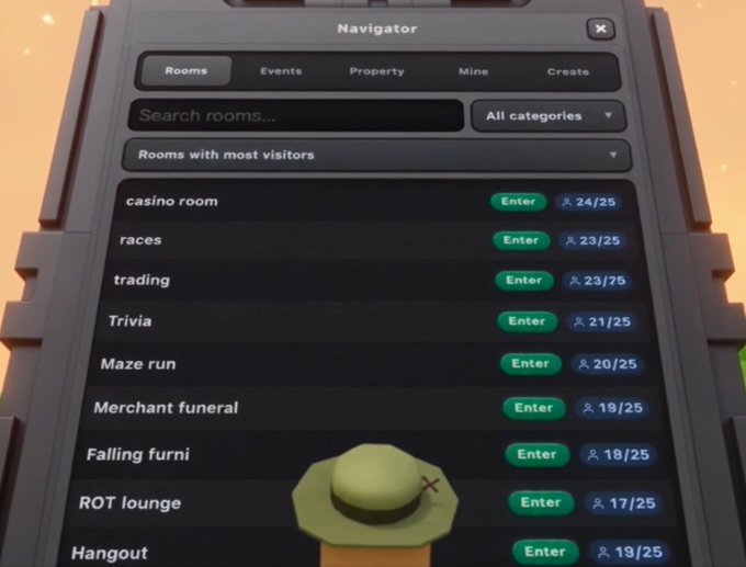 Image 8: A screenshot of a video game interface titled 'Navigator' listing various virtual rooms like 'casino room', 'races', and 'trading', with a cartoon character wearing a safari hat at the bottom.