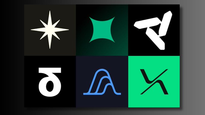 A black and white design of six squares, each containing a logo or symbol, arranged vertically side by side against a solid gray background. The logos are labeled with text indicating their significance. One square contains a black arrow pointing upwards, while another has a white star on a blue background. The other logos depict different symbols such as a triangle, a wave, and an x.