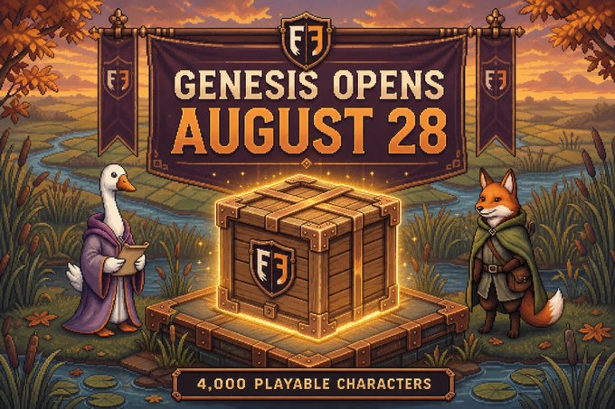 The promotional graphic announces "Genesis Opens August 28" and highlights "4,000 Playable Characters," featuring a glowing wooden treasure chest with the F3 logo, flanked by a duck in a wizard robe and a fox adventurer in a swampy autumn landscape. The festive fantasy imagery visually reinforces the giveaway's theme of unlocking Genesis NFT crates, building anticipation for the upcoming drop referenced in the post.