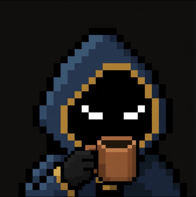 A pixel art hooded figure (resembling a reaper or grim reaper) with glowing white eyes sips from a brown mug against a black background.

The image fits the "gm" (good morning) crypto greeting as a stylized grim reaper casually enjoying morning coffee, pairing dark, ominous pixel art with the lighthearted social post.