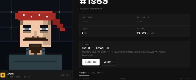 A pixel art character named 'ZADOR' wearing a red bandana is displayed on an NFT marketplace page, listed as #1585 with a 'Held - Level 8' status.