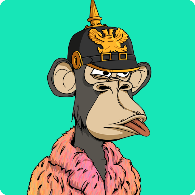A cartoon illustration of a bored-looking monkey wearing a Prussian-style Pickelhaube helmet with a gold eagle emblem and a pink fur coat, set against a teal background.