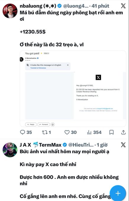 Twitter/X posts in Vietnamese celebrating payments received on X Monetization, with one screenshot showing a $1230.55 deposit.