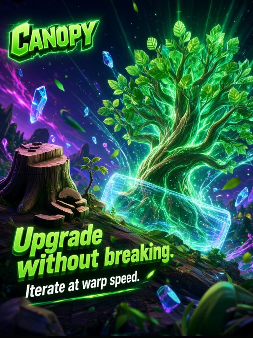 A vibrant promotional graphic titled "CANOPY" featuring a glowing green magical tree with the tagline "Upgrade without breaking. Iterate at warp speed."