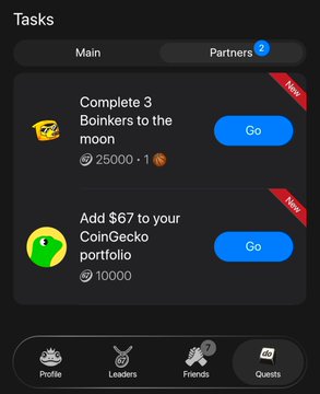 The image shows a mobile app interface for tasks/quests, featuring two challenges: "Complete 3 Boinkers to the moon" (rewarding 25,000 points + 1 Balling) and "Add $67 to your CoinGecko portfolio" (rewarding 10,000 points). The screen displays navigation tabs for Main and Partners, with a bottom menu showing Profile, Leaders, Friends, and Quests—promoting the new quests for $67 token holders.