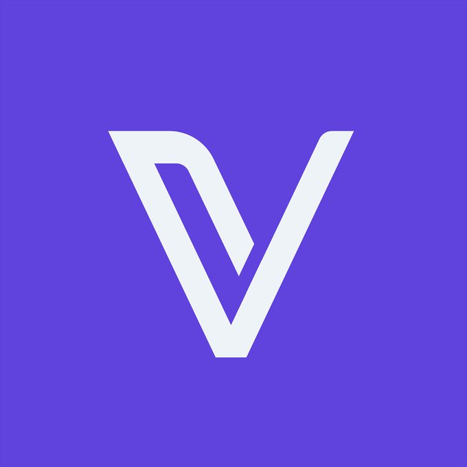 A minimalist logo design featuring a white stylized 'V' or angular geometric symbol centered on a solid purple/violet background.