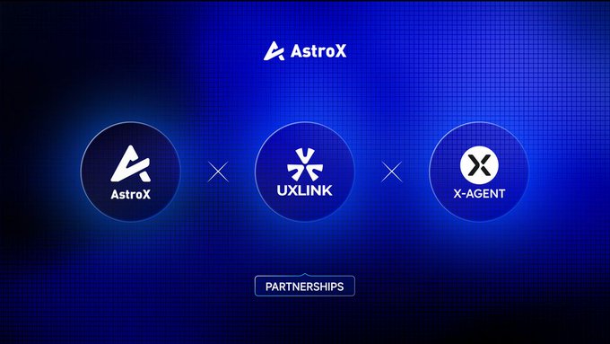 The image features a blue background with three white logos arranged vertically against each other. The logos include "AstroX", "UXLINK", and "@XAgent_official" along with their respective companies, "@X Agent", "UXLINK", and "AtroX". The text in the image reads: "Focus on what is in the image and how it relates to the post. @XAgent is pioneering AI Agents that transform intent into action. At AstroX, we're building a user-centric exchange focused on".