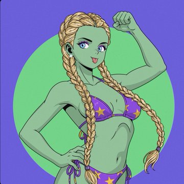 An anime-style illustration of a green-skinned woman with long blonde braids, wearing a purple and yellow star-patterned bikini, flexing her arm against a purple and teal background.