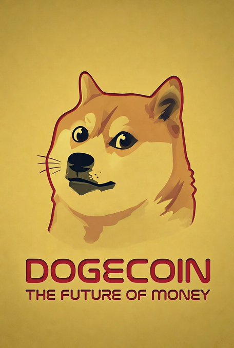 The image features a cartoon dog with brown fur, looking directly at the camera. Below the dog's head, there is text that reads "Dogecoin", followed by the phrase "the future of money" written below it. The background color of the image is yellow, and the text is in red.