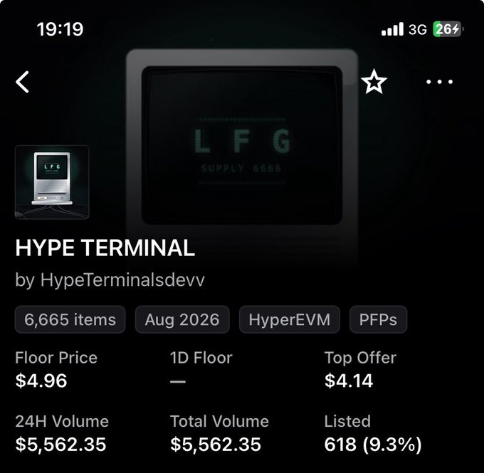 Mobile screenshot of an NFT marketplace listing for 'HYPE TERMINAL' by HypeTerminalsdevv, showing 6,665 items, a floor price of $4.96, 24H volume of $5,562.35, and tagged with 'HyperEVM' and 'PFPs'.