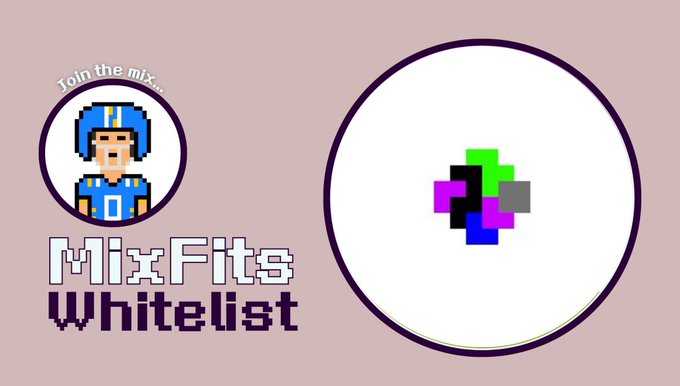 A promotional graphic for 'MixFits Whitelist' featuring a pixel art character in blue football gear, the text 'Join the mix...', and a circular frame containing scattered colored pixels.