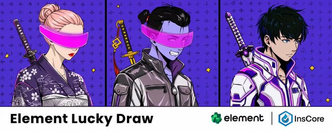 The image shows a promotional graphic for an "Element Lucky Draw" featuring three anime-style characters wearing pink VR headsets, each accompanied by a Japanese sword, with the Element and InsCore logos displayed on a purple patterned background. The graphic visually represents the giveaway collaboration between Element and InsCore mentioned in the accompanying post, which announces 100 free MINT spots available from June 26 to July 3.