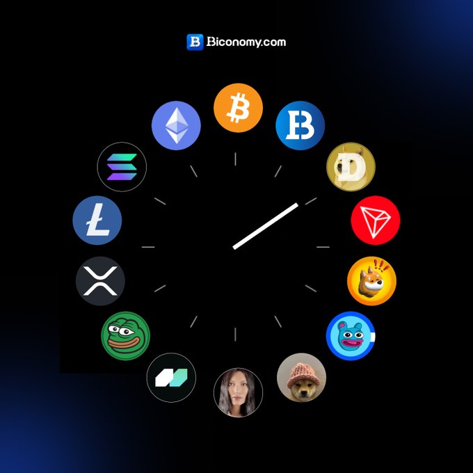 A clock face displays various cryptocurrency logos including ETH, BTC, SOL, and DOGE, along with other meme coins and profiles. This visual metaphor, seen on Biconomy.com, illustrates how different tokens offer a variety of market narratives.