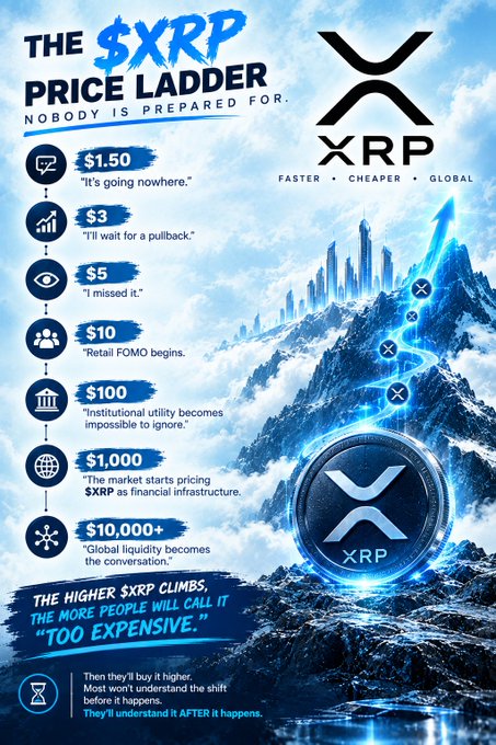 XRP cryptocurrency promotional infographic titled 'THE $XRP PRICE LADDER' showing escalating price predictions from $1.50 to $10,000+ with corresponding market reactions.