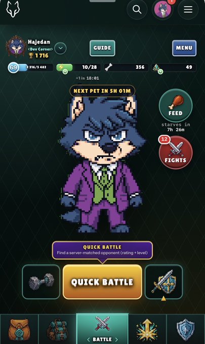 A mobile game screen shows a pixel art werewolf character named 'Hajedan (Dope Corner)' in a purple suit, with a level 69 indicator and a 'Quick Battle' button to find server-matched opponents.