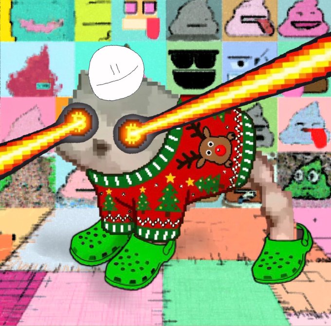 A surreal digital artwork featuring a cat-like character in a red Christmas sweater and green Crocs, with glowing laser beams shooting from its eyes against a colorful pixelated background.