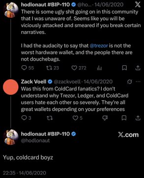 A Twitter/X screenshot from June 14, 2020, showing a conversation between users hodlonaut, Zack Voell, and hodlonaut discussing trezor hardware wallets and ColdCard.