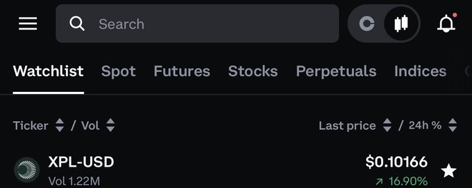 Crypto trading platform watchlist showing XPL-USD at $0.10166 with a 16.90% increase and 1.22M trading volume.