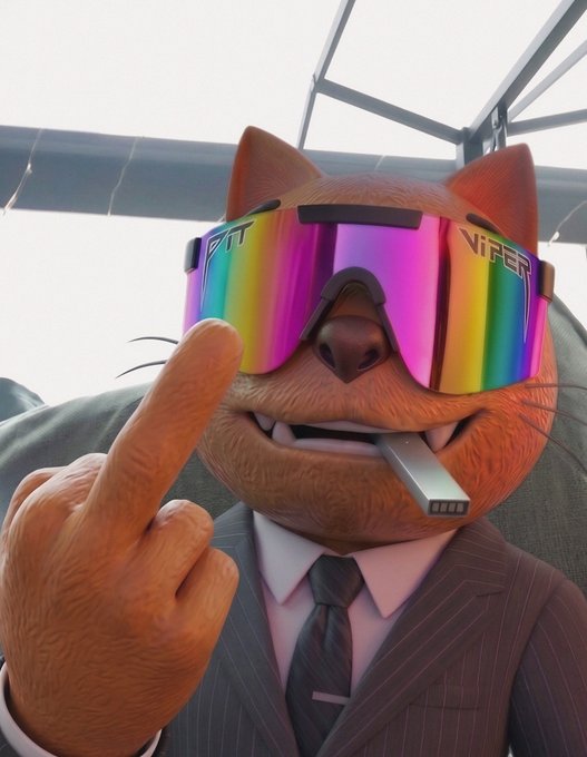 A 3D-rendered anthropomorphic cat wearing a pinstripe suit, tie, and rainbow sunglasses smokes a cigarette and gives the middle finger.