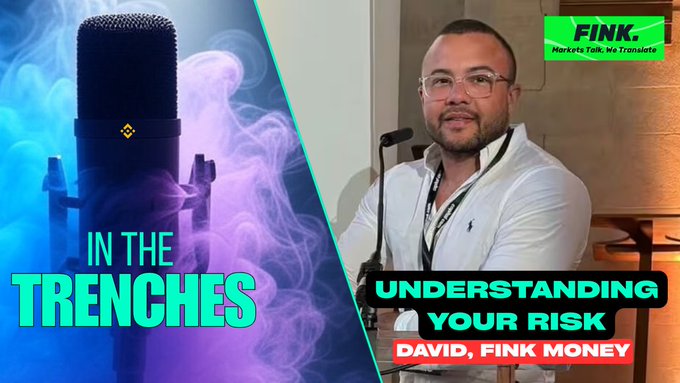 A split-screen promotional image for 'FINK' featuring a microphone with smoke on the left labeled 'IN THE TRENCHES', and a man on the right with text 'UNDERSTANDING YOUR RISK DAVID, FINK MONEY'.