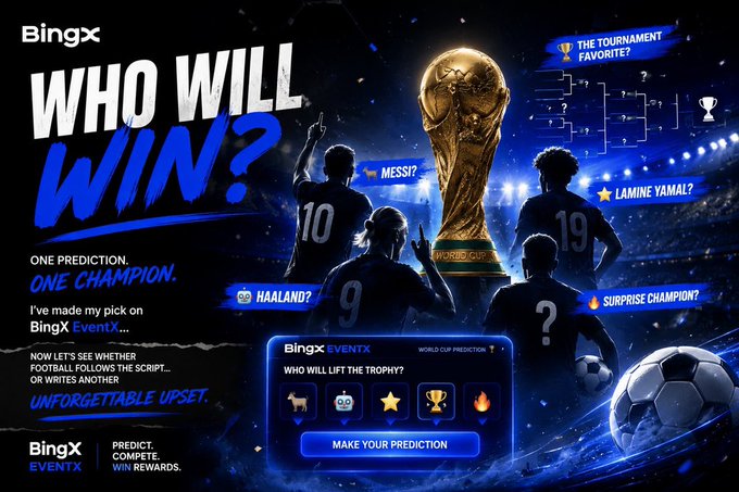 A promotional banner for 'BingX EVENTX' featuring the World Cup trophy, asking 'WHO WILL WIN?' with options like Messi, Haaland, Lamine Yamal, and Surprise Champion.
