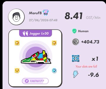 A StepN game stats screenshot from user "MaruFB" showing an 8.41 GST/Min earning rate with a Lv30 Jogger sneaker earning +404.73 GMT, posted as part of a morning walking activity on 27/06/2026 with an invitation code for new players.