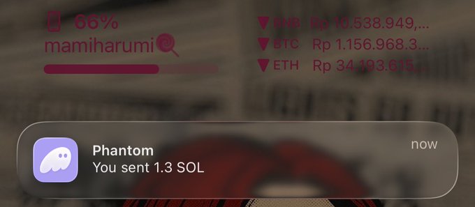 A smartphone lock screen shows a Phantom wallet notification reading "You sent 1.3 SOL," with battery at 66% and market tickers displaying IDR at Rp 15,538.949..., BTC at Rp 1.156.968.3..., and ETH at Rp 34.103.615..., corroborating the user's post about sending 1.3 SOL.