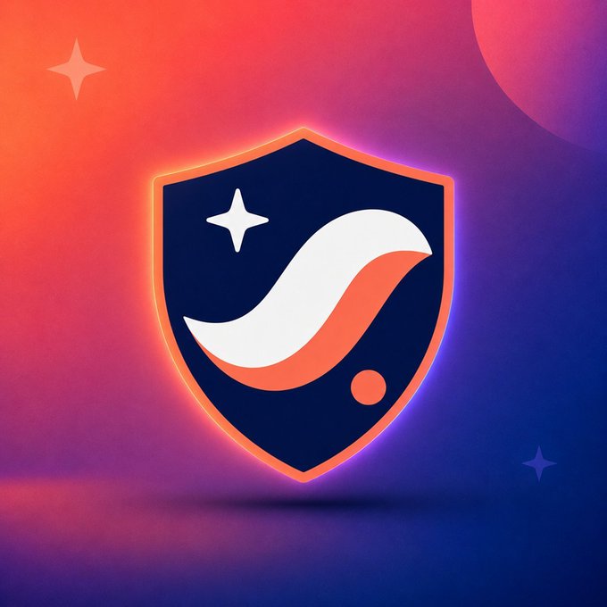 A glowing shield logo with a star on a red-to-blue gradient background, likely a brand or app icon.