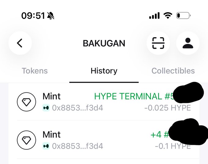 A mobile app screenshot of a "BAKUGAN" history page showing two "Mint" transactions for "HYPE TERMINAL" with amounts in HYPE, with black marks redacting parts of the text.