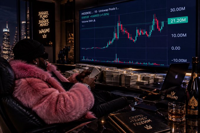 A person in a pink fur coat and black cap sits in a luxurious room counting stacks of cash, with a large screen showing a 'HOOK//...' Uniswap pools trading chart and signs reading 'BIGGER PLANS BIGGER MOVES WAGMI' and 'CRYPTO TRADES FREEDOM'.