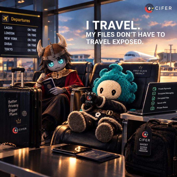 A promotional graphic for 'CIFER' features a chibi viking character and a blue plush toy sitting in airport lounge chairs with the tagline 'I TRAVEL. MY FILES DON'T HAVE TO TRAVEL EXPOSED,' a departures board listing Lagos, London, New York, Dubai, and Tokyo, and a laptop showing features like 'Private Payments,' 'Encrypted Messaging,' and 'Secure VPN.'