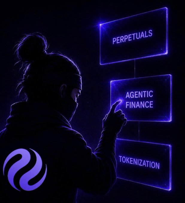 A silhouetted figure with a blindfold reaches toward three glowing purple panels labeled "PERPETUALS," "AGENTIC FINANCE," and "TOKENIZATION," symbolizing the fragmented crypto narratives. The image visually reinforces the post's theme of these three sectors existing as separate, isolated ecosystems that Injective aims to unify.