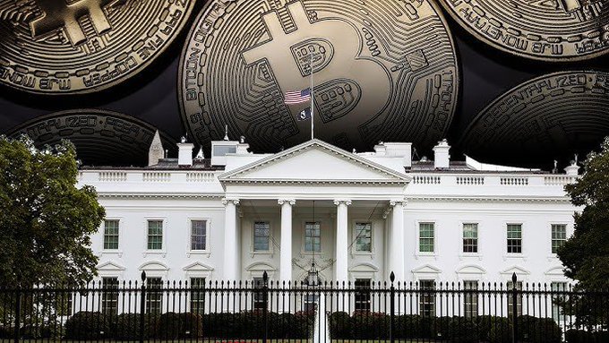 The White House stands in front of large Bitcoin coins, symbolizing a major crypto policy meeting between President Trump and industry leaders from Ripple and Coinbase. The image visually captures the intersection of U.S. government and digital currency regulation in Washington.