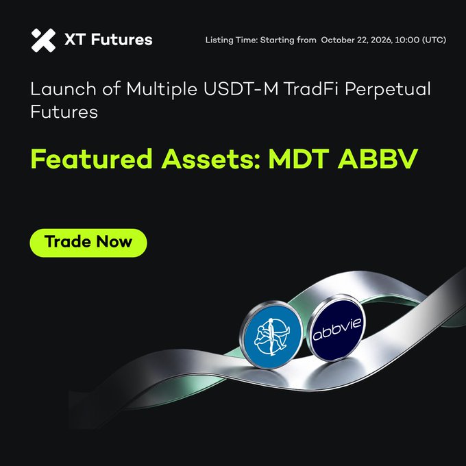 An XT Futures advertisement announces the launch of multiple USDT-M TradFi perpetual futures, listing “Featured Assets: MDT ABBV,” with a “Trade Now” button.