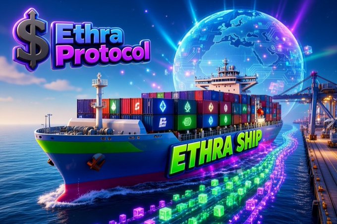 A promotional graphic for '$Ethra Protocol' featuring a large cargo ship labeled 'ETHRA SHIP' loaded with colorful shipping containers against a globe and ocean background.