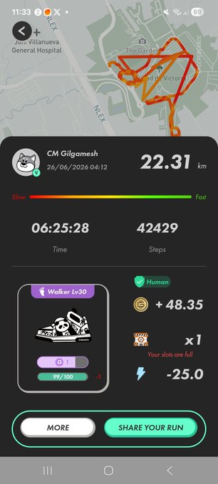 A screenshot of a STEPN fitness app showing a completed run of 22.31 km in 06:25:28 with 42,429 steps by "CM Gilgamesh" on 26/06/2026, displaying a Walker Lv30 sneaker with full sneaker slots (+1 shown) and 48.35 GST earned. The image illustrates the post's lesson about ensuring an empty Mystery Box slot before participating in STEPNathon, as the "Your slots are full" indicator under the sneaker shows the user was unable to claim their earned GST tokens due to lack of MB inventory space.
