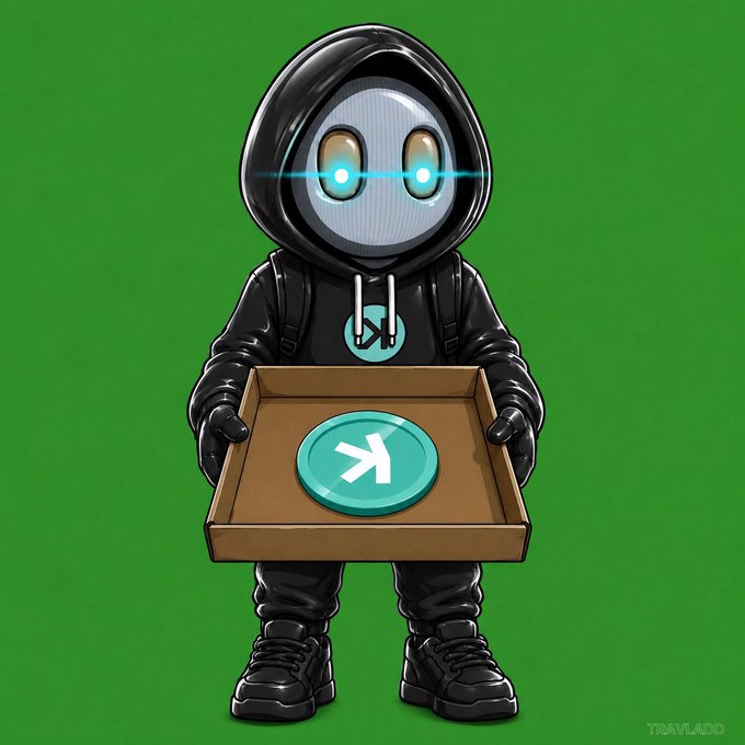 A hooded figure with a futuristic screen face and a teal "$K" logo on its hoodie holds out a pizza box displaying a teal arrow coin, set against a green background with the watermark "TRAVLADD." 

The image visually nods to the post's reference to the famous Bitcoin Pizza Guy, reimagining the meme with Kaspa ($KAS) branding as its own symbolic pizza delivery.