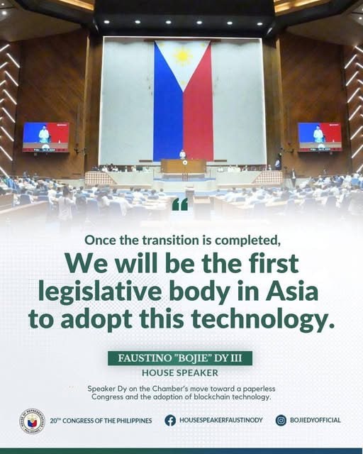 The image shows a poster for the Philippines Congress, which has just completed its transition from paper-based proceedings to fully digital ones using blockchain technology. The poster also mentions that two projects are already deployed with this new system.