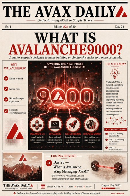 A newspaper-style infographic titled 'THE AVAX DAILY' edition #24, with the headline 'WHAT IS AVALANCHE9000?' promoting a major upgrade to the Avalanche ecosystem.