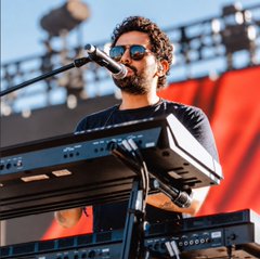 A man wearing sunglasses performing on stage at a keyboard while singing into a microphone.