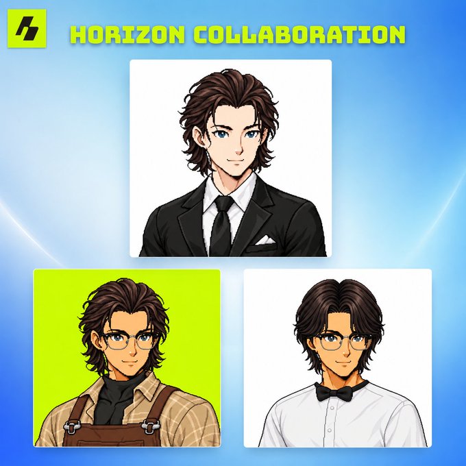 A 'HORIZON COLLABORATION' graphic features three anime-style male characters with brown hair in different outfits, including suits and overalls.
