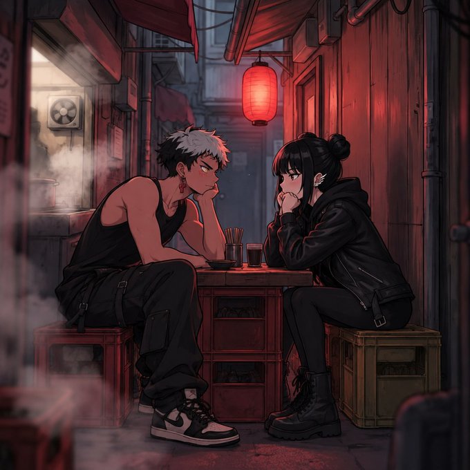 An anime-style illustration of a silver-haired man and a dark-haired woman in a red-lit alleyway sitting across from each other at a small table.