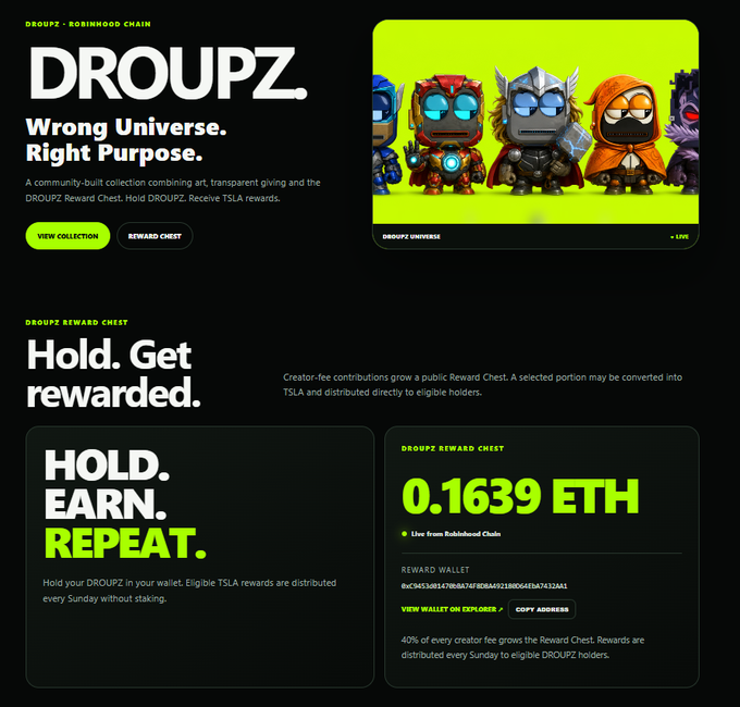 A landing page for the DROUPZ NFT collection on Robinhood Chain features its "Hold. Get rewarded" section, showing a current DROUPZ Reward Chest balance of 0.1639 ETH available to holders, alongside characters from the collection's "Wrong Universe. Right Purpose." artwork, directly visualizing the announcement that holder rewards have been distributed and the chest continues to grow.